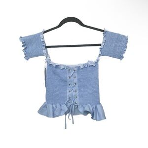Peixoto Blue Nina Smock Grommet Lace Up Crop Top NWT Large